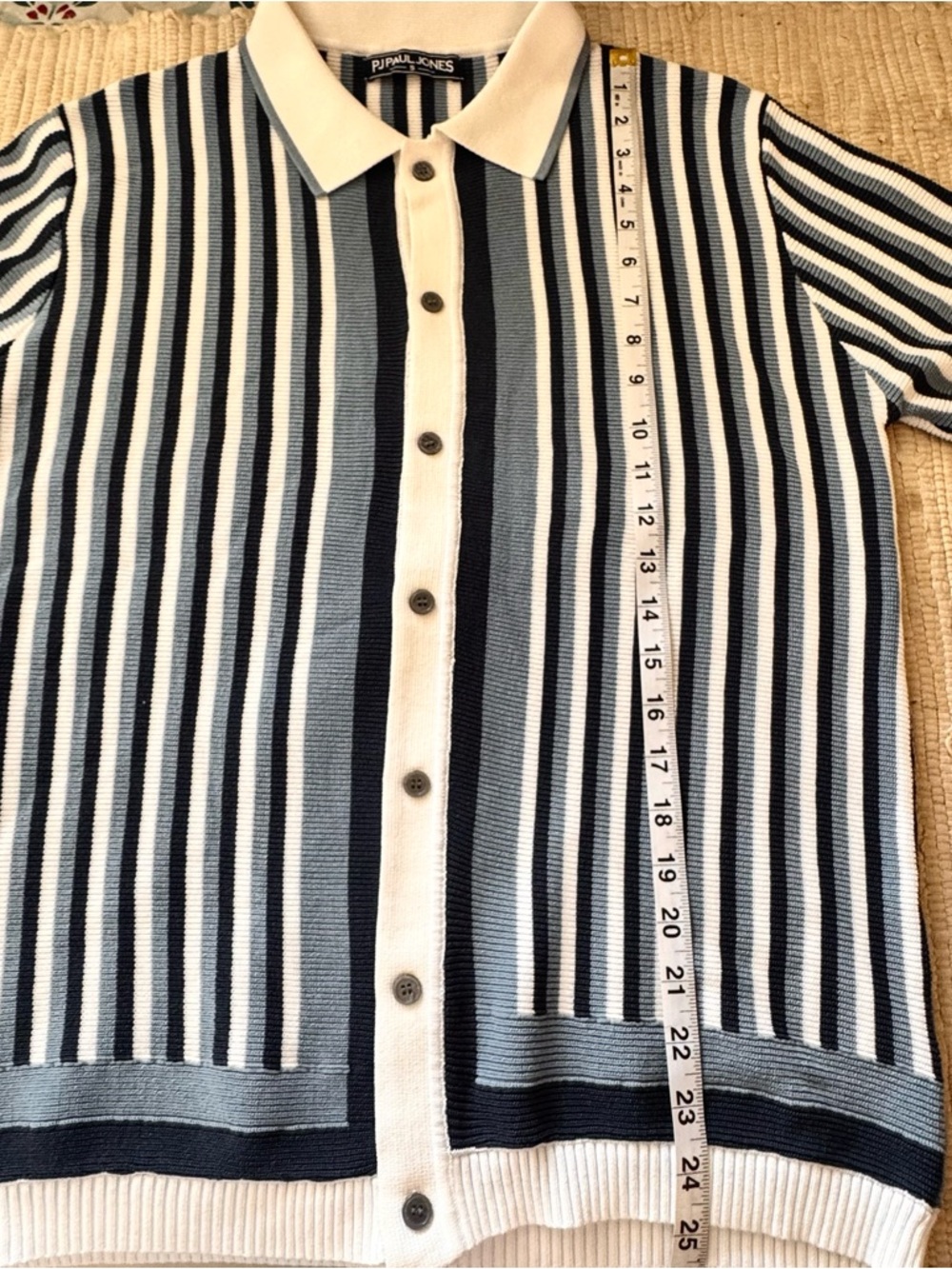 Striped Knit Polo Shirt Blue White Button Front Short Sleeve Men’s Small - Picture 9 of 11